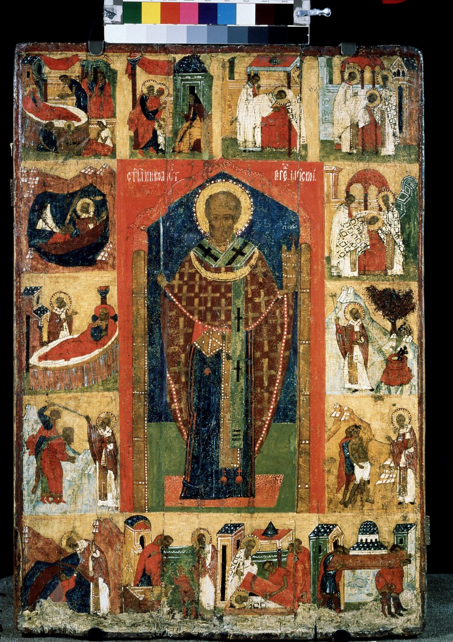 Retábulo da vida de São Nicolau de Myre ou Bari (270-345). ícone russo. Pintura sobre madeira do final do século XV. Galeria Estatal Tretyakov, Moscou de School Russian