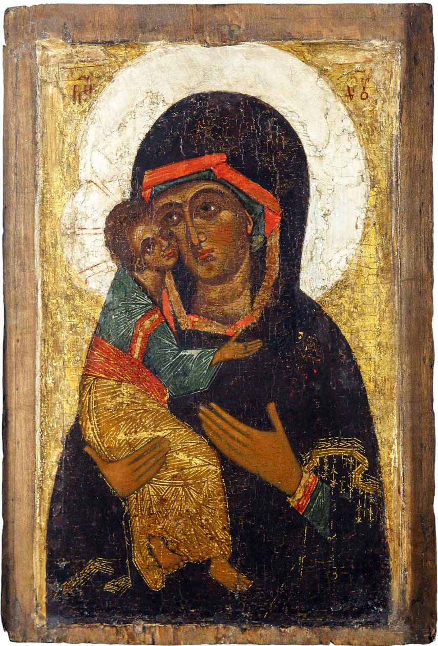 Ícone russo: A Virgem de Vladimir. Tempera em painel, Primeira metade do 15º cen., Museu de História e Arte, Suzdal de School Russian