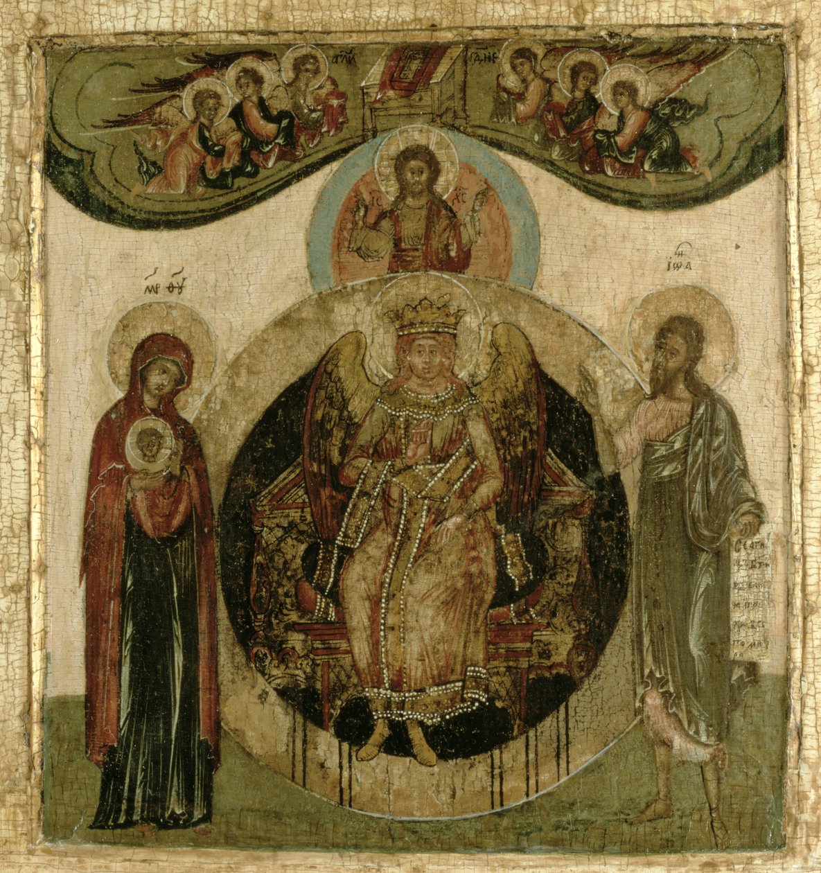 Ícone russo de Sophia, a Santa Sabedoria, entronizada sob a forma de um anjo de asas ardentes (painel) de School Russian
