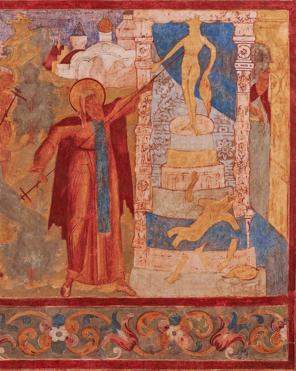 São Abraão de Rostov (mort en 1074 ou 1077) detruit les idoles de Veles - Abraão de Rostov destrói a estátua de Veles. Fresco da Igreja de São João Apóstolo em Rostov Kremlin - Afrescos russos antigos. Fresco de School Russian