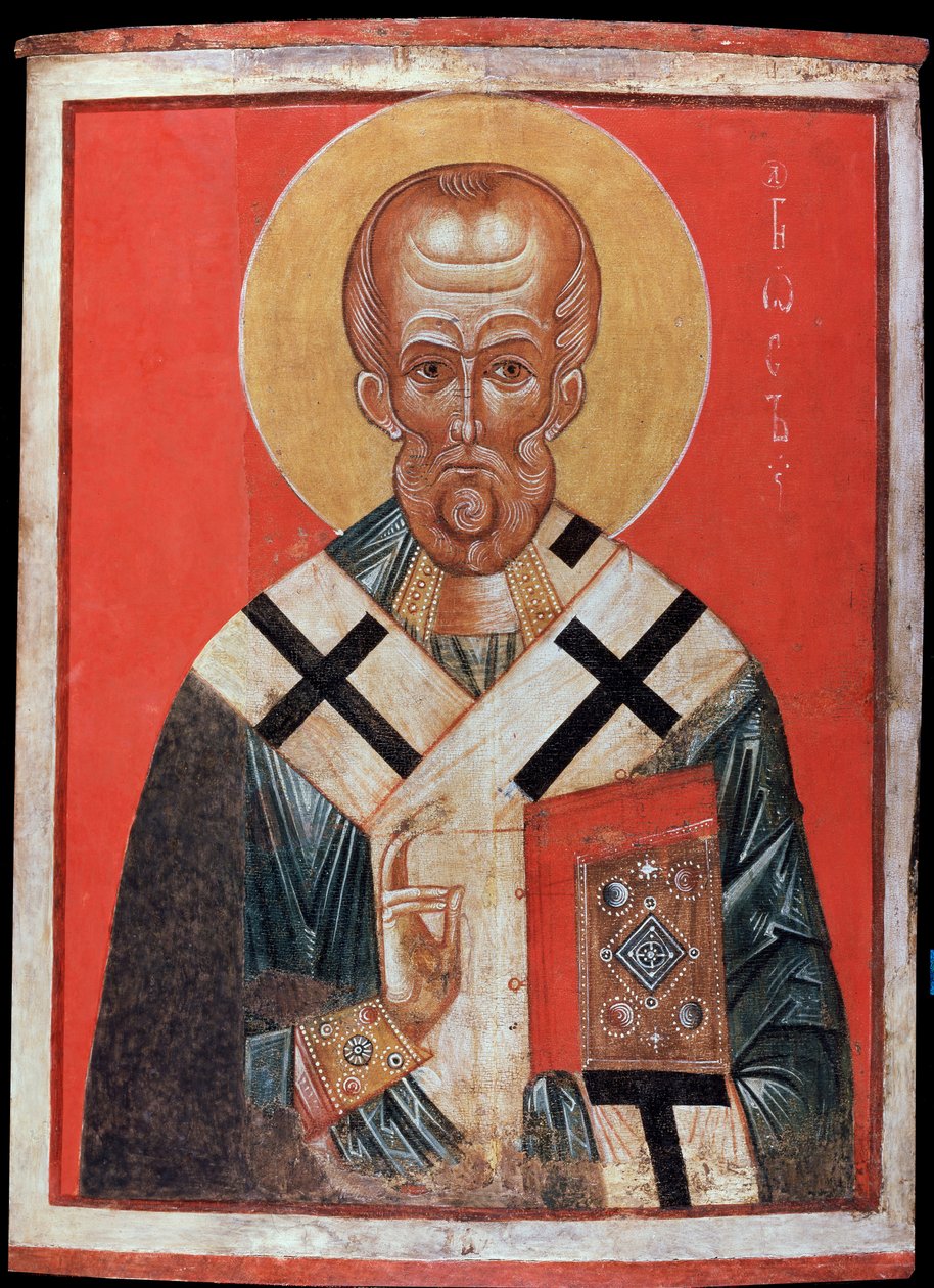 São Nicolau (ou São Nicolau de Myre ou São Nicolau de Bari, 270-345) (São Nicolau). Ícone russo, têmpera sobre madeira, final do século XIII, início do século XIV, arte de Novgorod (Rússia). State Hermitage, São Petersburgo. de School Russian