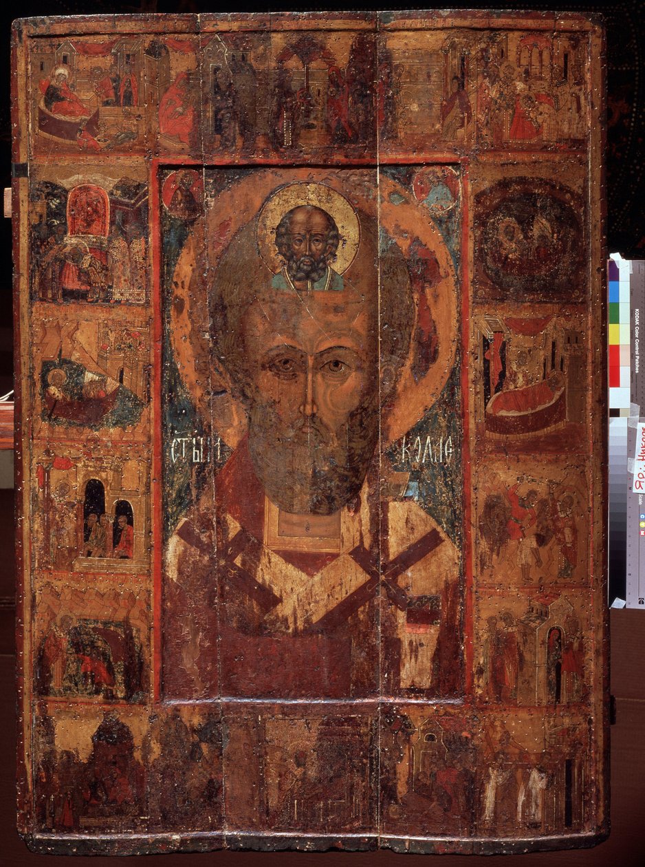 Saint Nicolas de Myre ou de Bari, avec des scenes de sa vie (São Nicolau com cenas de sua vida). Ícone russo, têmpera sobre madeira, início do século XV, arte antiga de Yaroslavl (Rússia). Museu de Arte do Estado, Yaroslavl (Rússia). de School Russian