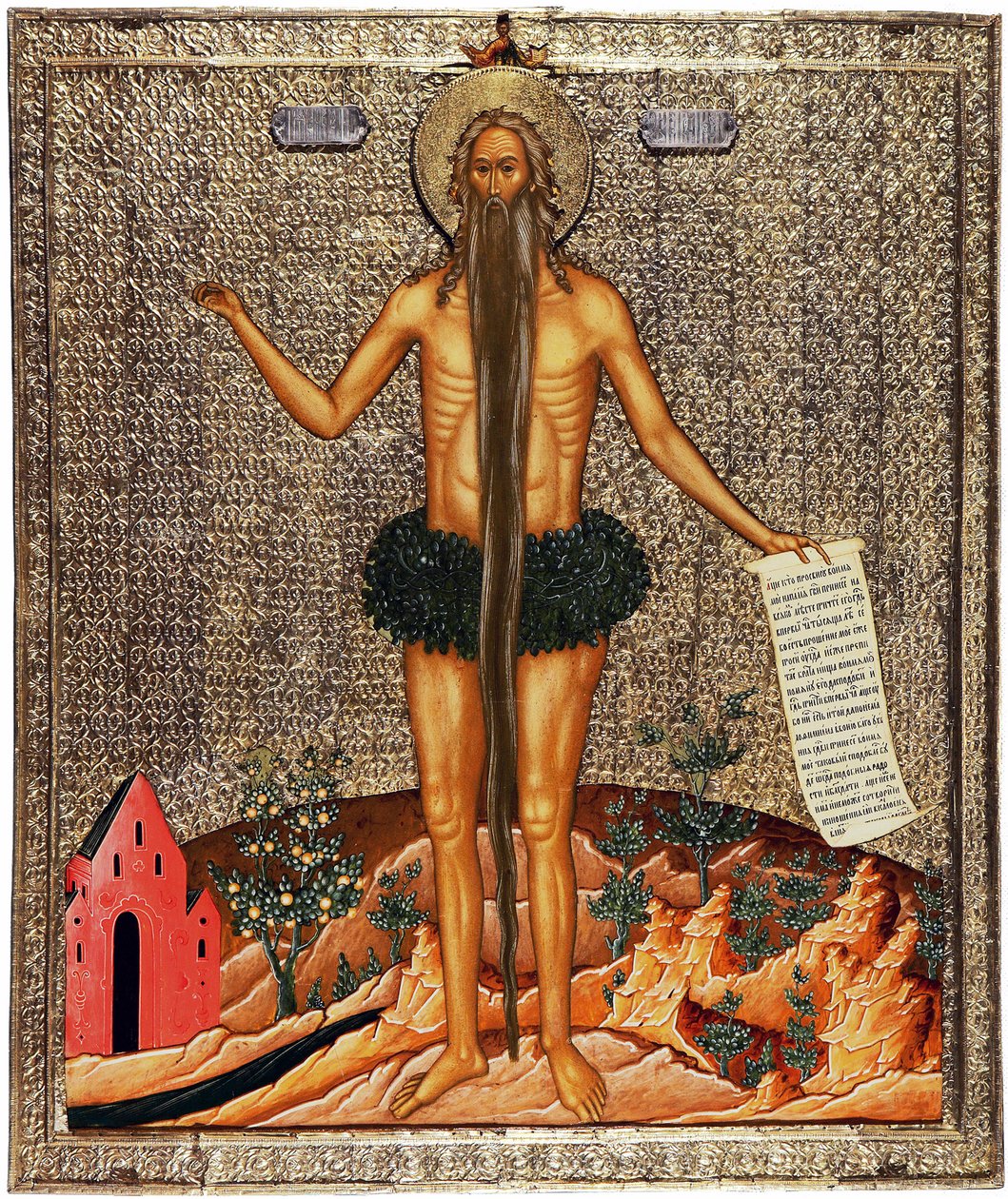Santo Onuphre (Santo Onuphrius). Onuphro o Anachorete ou O Grande (século IV), monge e mais tarde eremita no Egipto, é tradicionalmente retratado com uma longa barba e ramos como vestuário. Trabalho anónimo de Moscovo, tempera sobre madeira, circa de School Russian