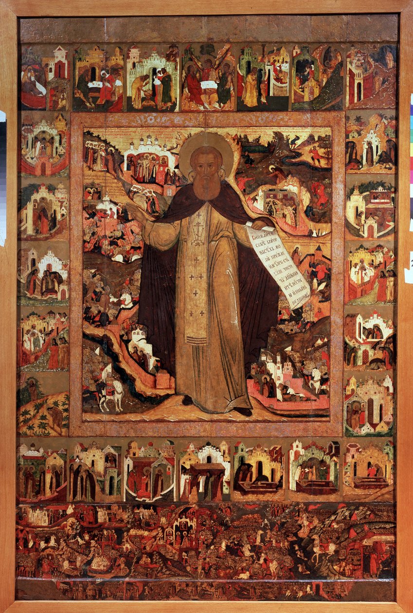 São Sérgio de Radonezh (1313-1392), com Cenas da Sua Vida. Ícone russo, tempera sobre madeira, c. 1640. Arte Antiga de Yaroslavl (Rússia). Museu Estatal de Arte, Yaroslavl (Rússia). de School Russian