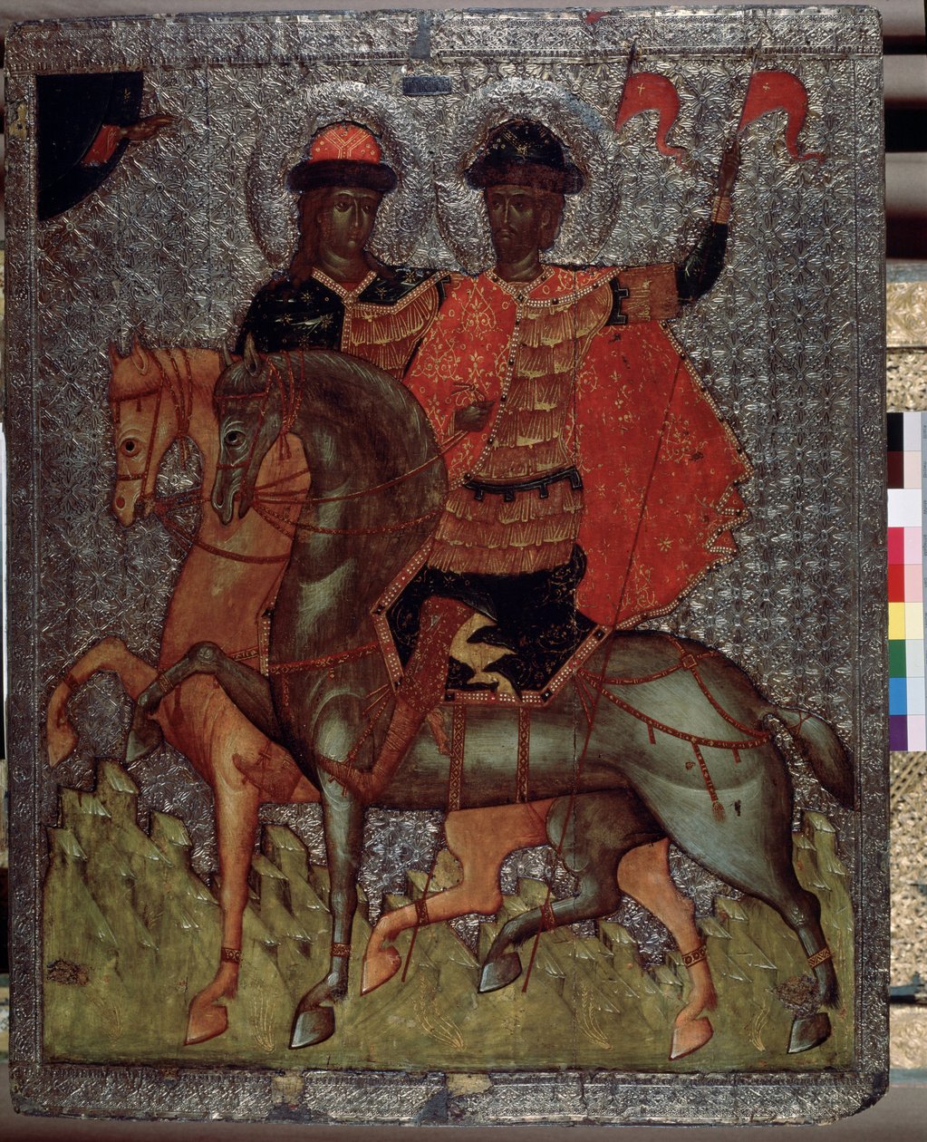 Santos Boris (ou romano) e Gleb (ou David) a cavalo (mártires em 1015) (Santos Boris e Gleb a cavalo). Filhos mais novos de São Vladimir, Grão-Príncipe de Kyiv, sempre se distinguiram por sua piedade, mas com a morte de seu pai, o mais velho Svia de School Russian