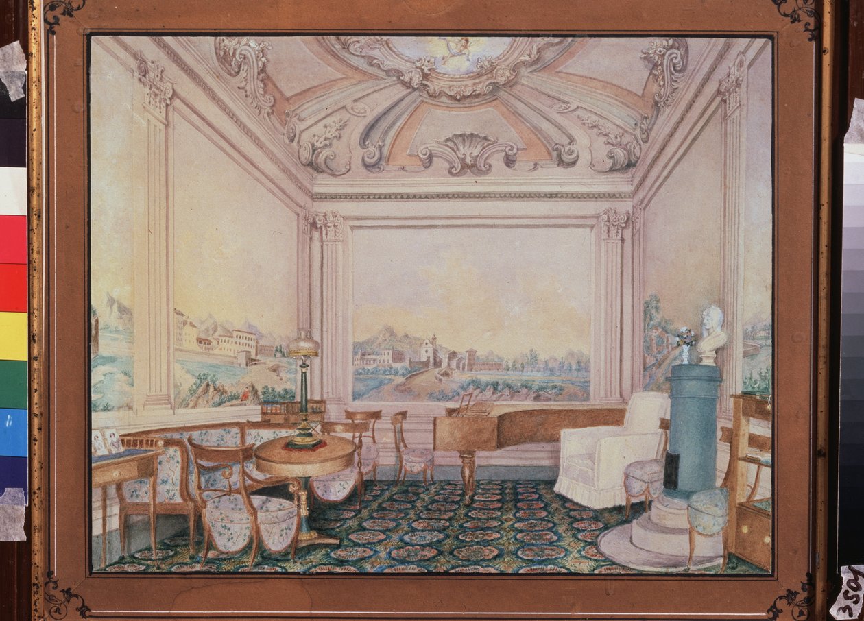 Sala de recepção em uma mansão. Obra de um mestre russo, aquarela sobre papel de School Russian