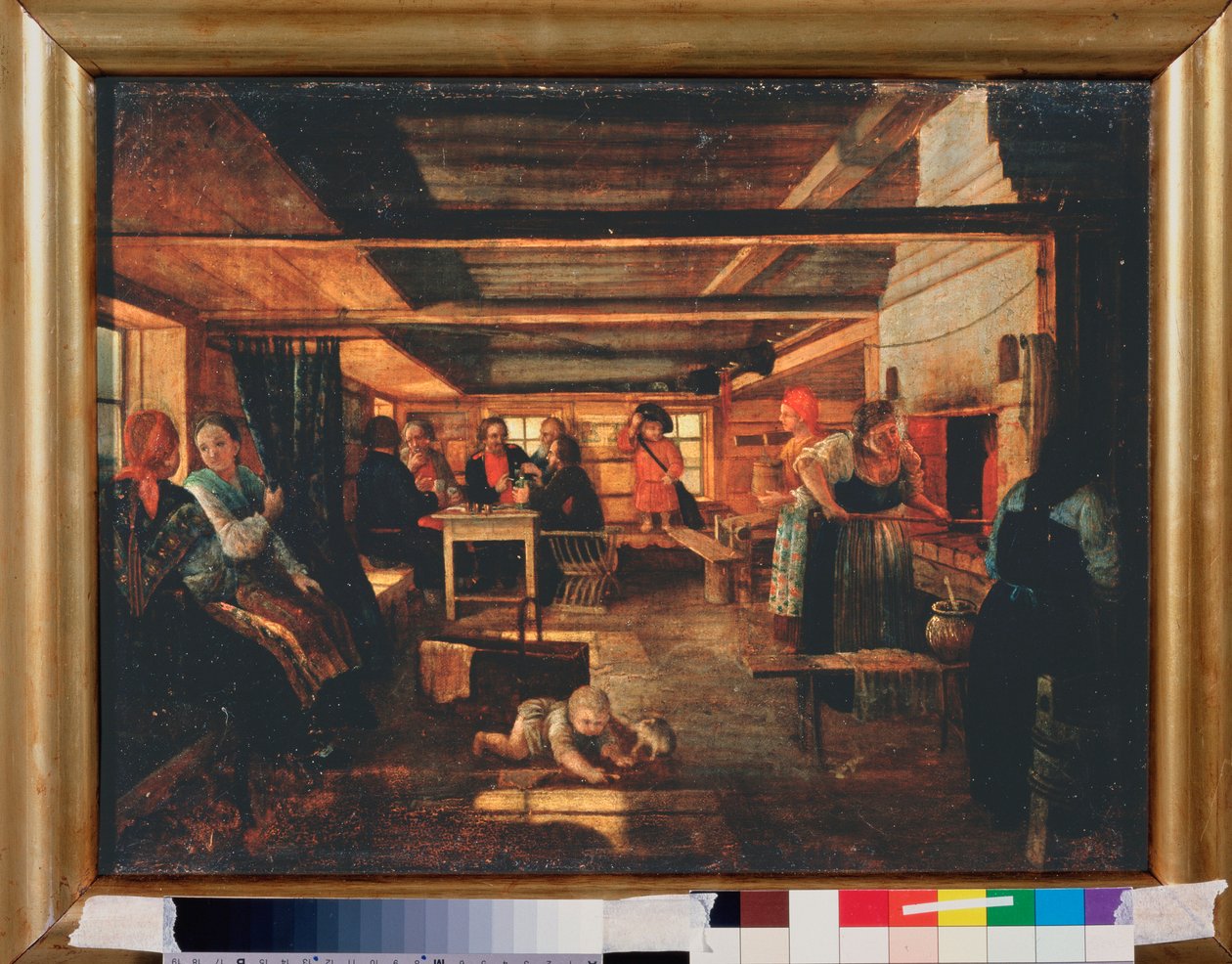 Cena em uma casa de campo. Pintura de um mestre russo, óleo sobre tela de School Russian