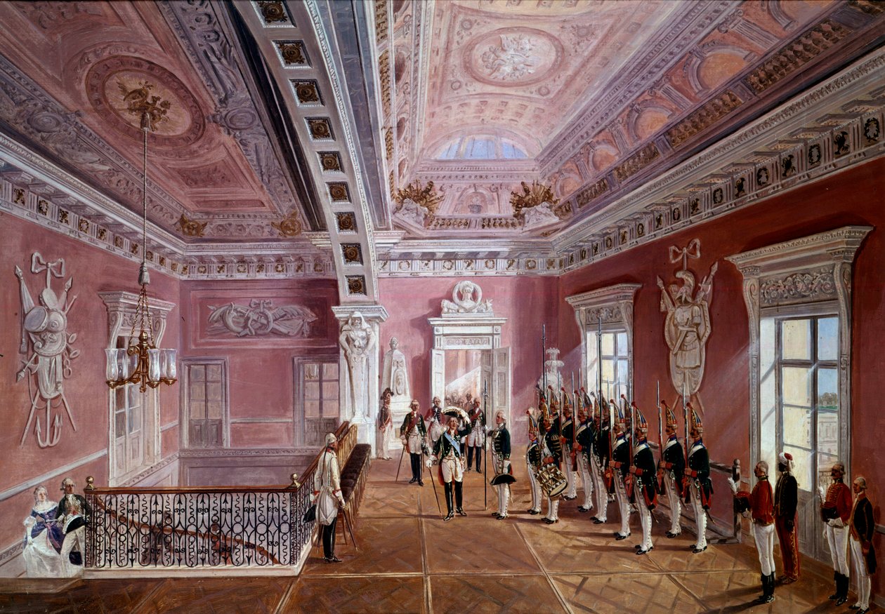 Levantem a guarda no vestíbulo superior do Castelo de Pavlosk na presença de Paulo I, levantando o chapéu. Pintura de Schwartz (século XIX) Ec. Rus. de School Russian