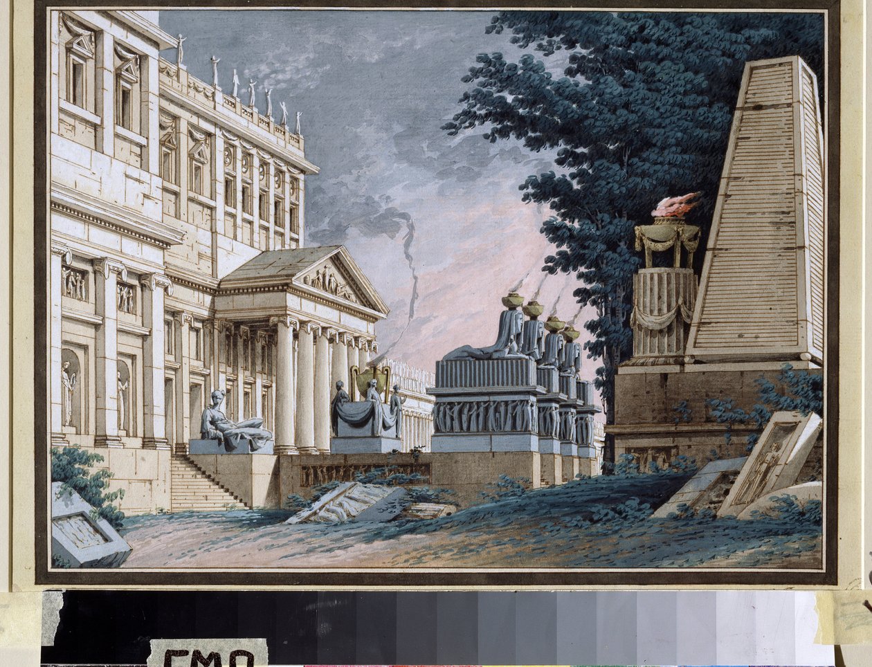 Temple, decor pour une piece de theatre (Templo. Desenho de palco para uma peça de teatro). Peinture anonyme. Aquarelle et gouache sur papier, vers 1800. Decor de teatro russe. Museum Palace Theatre Ostankino, Moscou. de School Russian