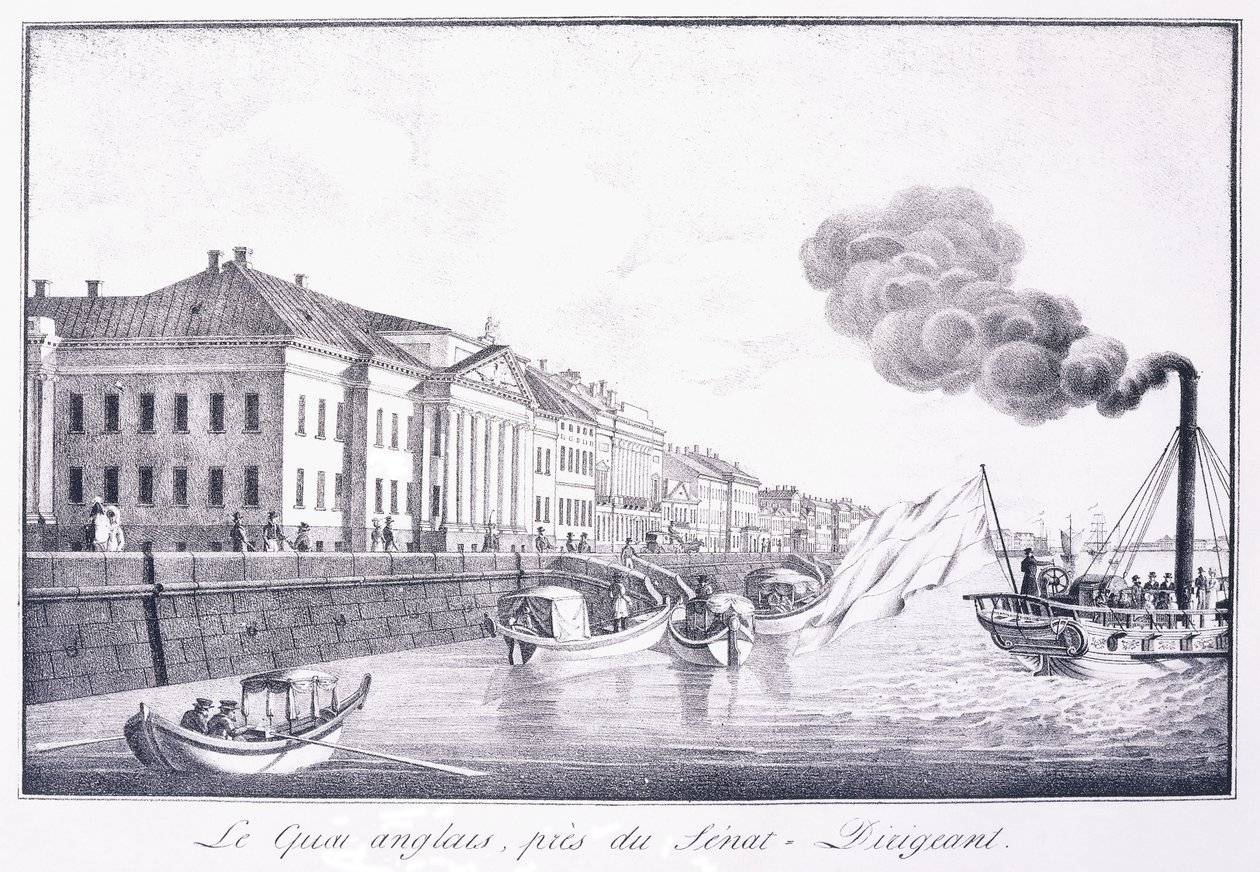 O cais inglês, próximo ao Senat-Dirigeant; Le Quai Anglais, Pres du Senat-Dirigeant, início do século 19 (litografia) de School Russian