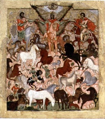 O Milagre do Arcanjo Miguel, ícone russo, final do século XVII - início do século XVIII (tempera no painel) de School Russian