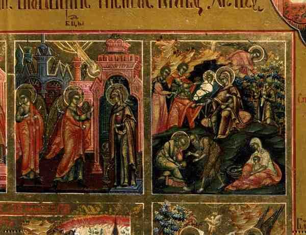 A Ressurreição e a Descida ao Inferno, detalhe da Margem das Festas retratando a Anunciação e a Natividade (tempera no painel) de School Russian