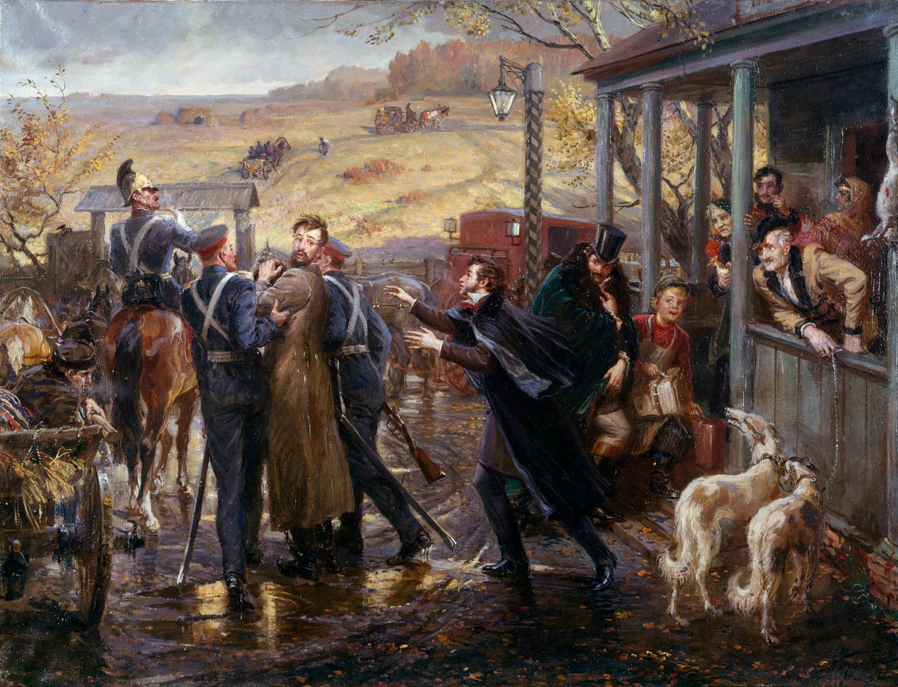 O poeta russo Alexander Pushkin (Pushkin) (1799-1837) encontra seu amigo Decembrist Kukhelbacker que parte para a estação ferroviária de Zabaze em 1827 Pintura da Escola Russa. Século XIX São Petersburgo, Museu Hermitage de School Russian
