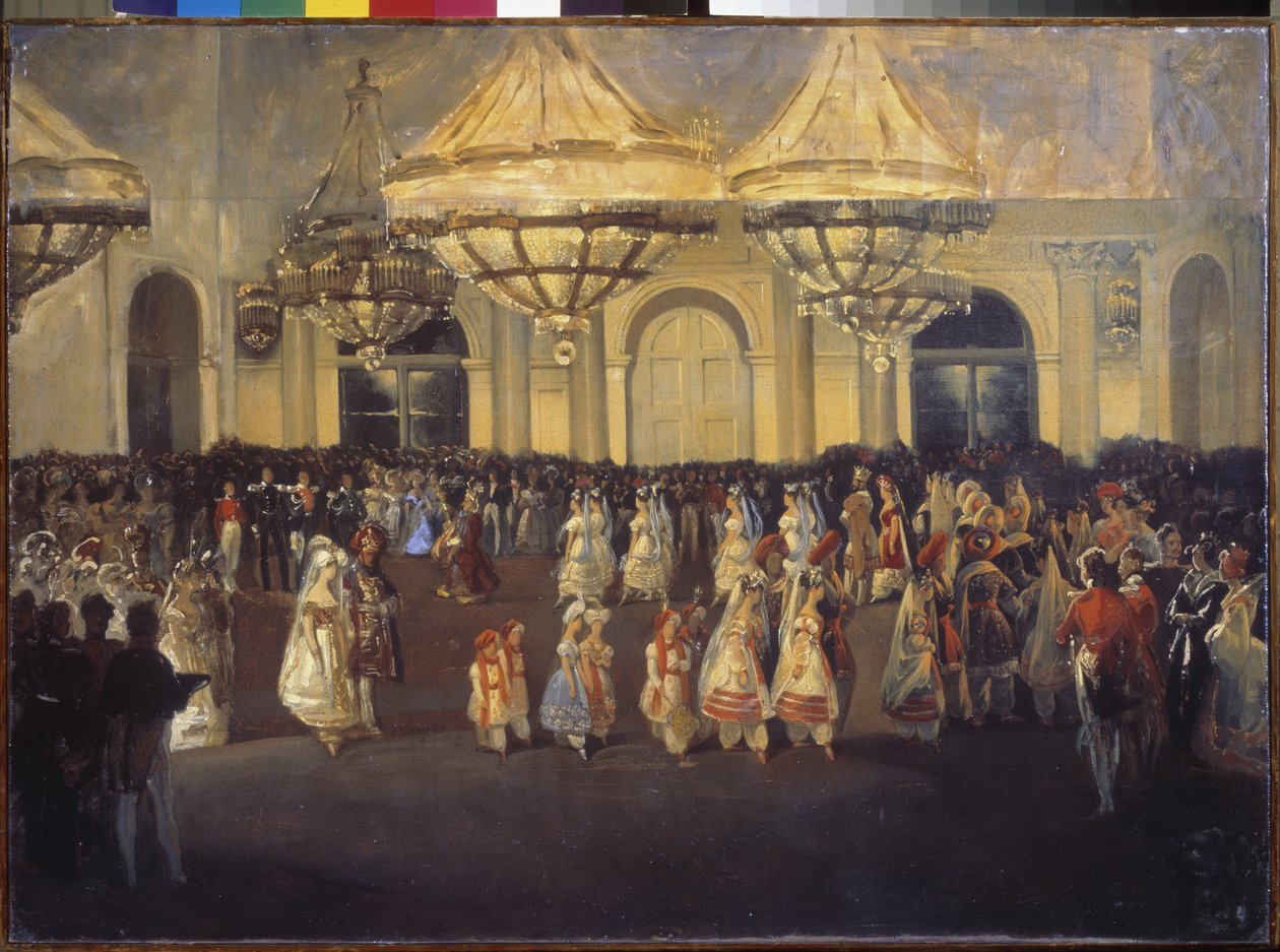 Um baile no Palácio de Inverno (São Petersburgo) sob Nicholas I (1796-1855). Pintura por um mestre russo, óleo sobre tela, ca. 1830. Arte russa de School Russian