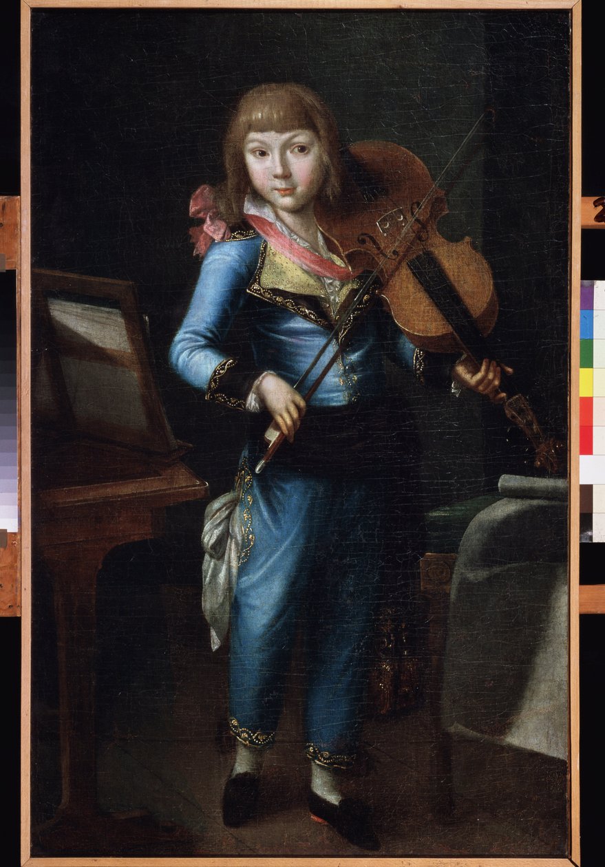 Um jovem violinista de terno azul. Pintura de um mestre russo, óleo sobre tela, por volta de 1790. Arte russa do século XVIII. Museu Palácio Teatro Ostankino, Moscou. de School Russian