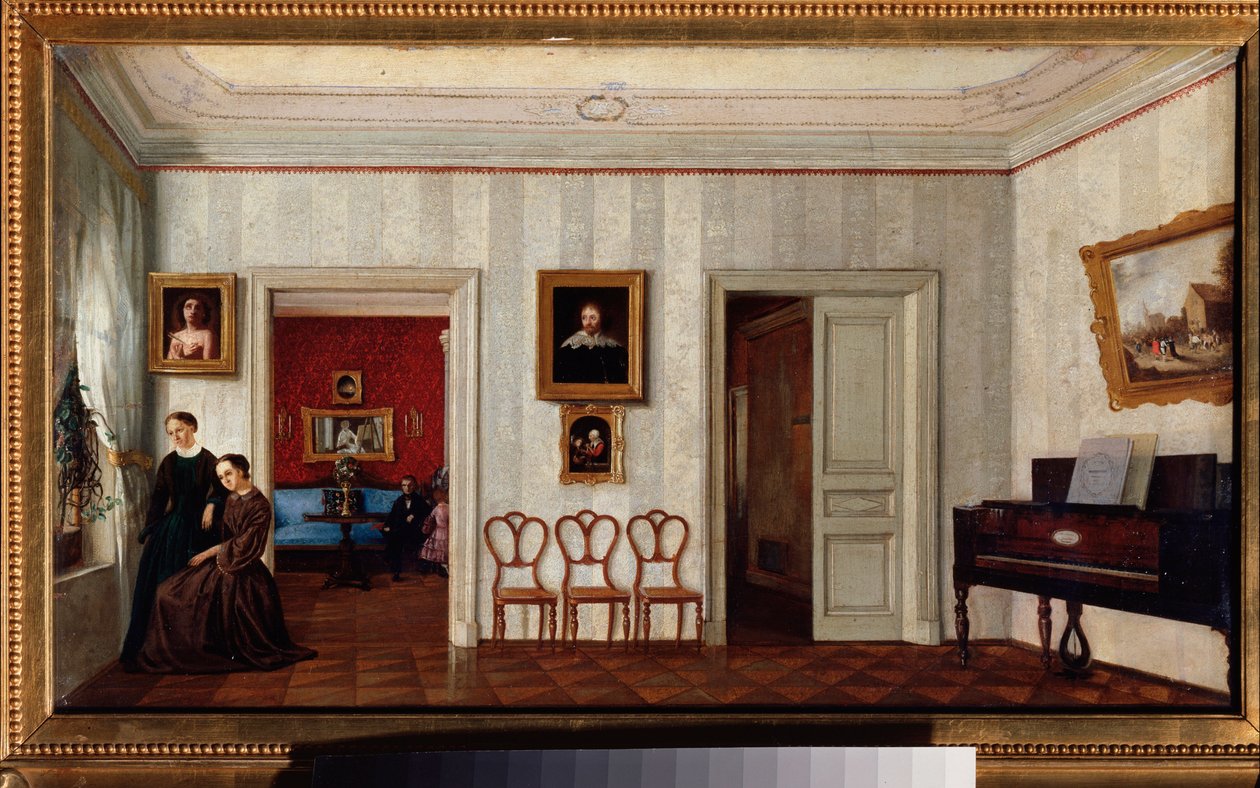 Uma pequena sala com um piano (e duas mulheres a olhar pela janela). Pintura por um mestre russo, óleo sobre tela, meados do século XIX. Galeria Estadual Tretyakov, Moscovo. de School Russian