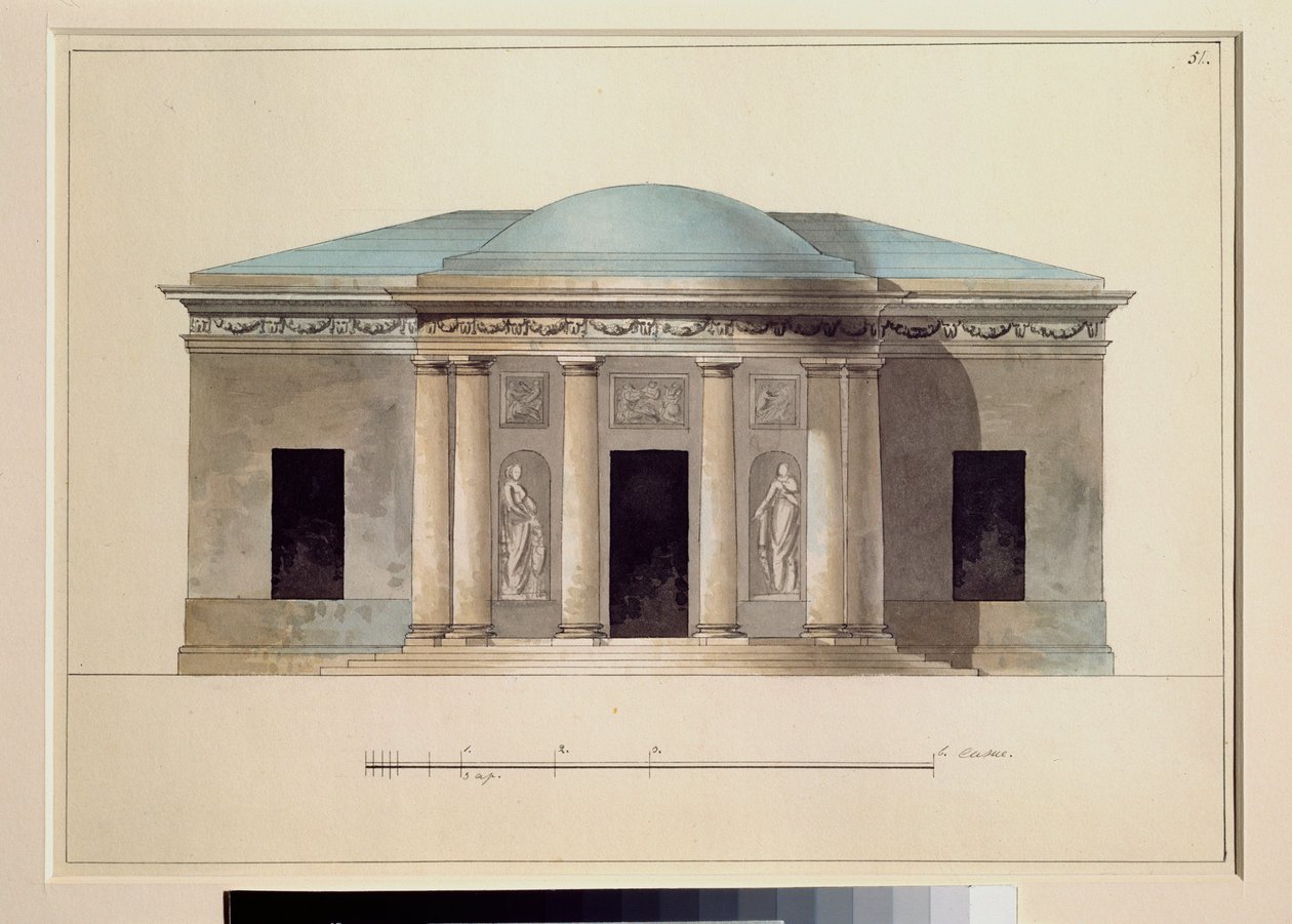 Uma sala de concertos. Trabalho de um mestre russo, aguarela sobre papel, ca. 1826. Museu Estatal ao Ar Livre Tsarkoye Selo, São Petersburgo. de School Russian
