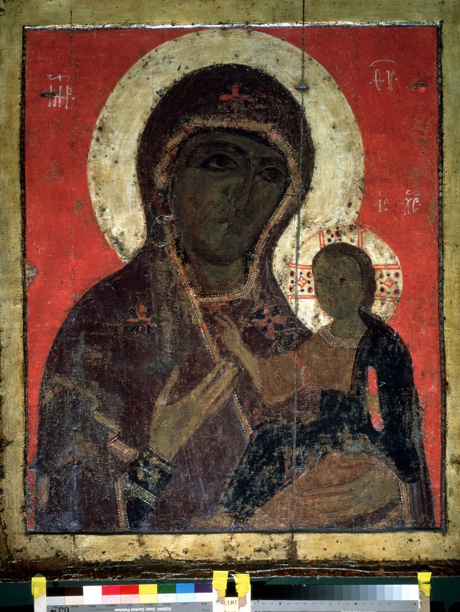 Ícone russo "Virgin Hodegetria (Hodigitria)". Pintura em madeira do século XIII. Galeria Estadual Tretyakov, Moscovo de School Russian