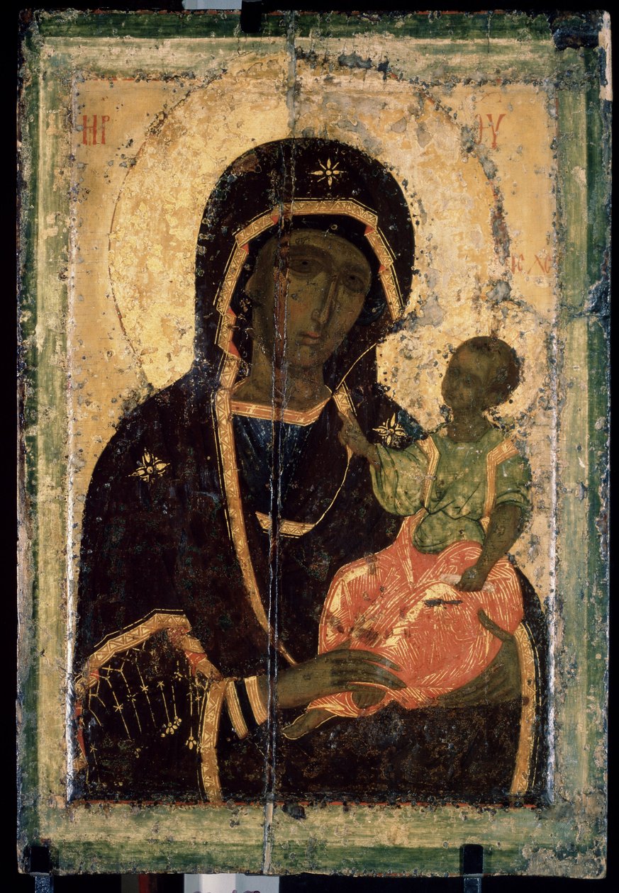 ""Virgem Hodegetria (Hodigitria)"" ícone russo. Pintura em madeira. cerca de 1360. Galeria Estatal Tretyakov, Moscou de School Russian