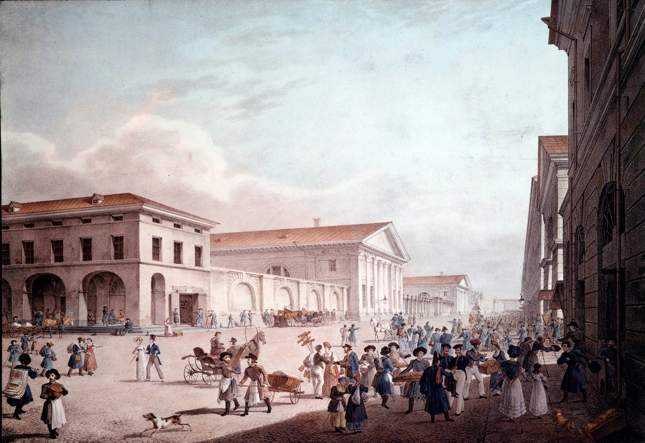 Vista de São Petersburgo, Rua Sodovaia, em 1820. Pintura anónima de School Russian