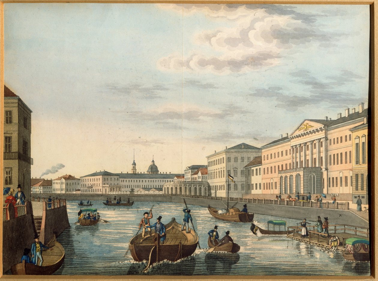 Vista do rio Fontanka em São Petersburgo. Obra anónima, Litografia, colorida em aguarela, ca. 1820. Arte russa de School Russian