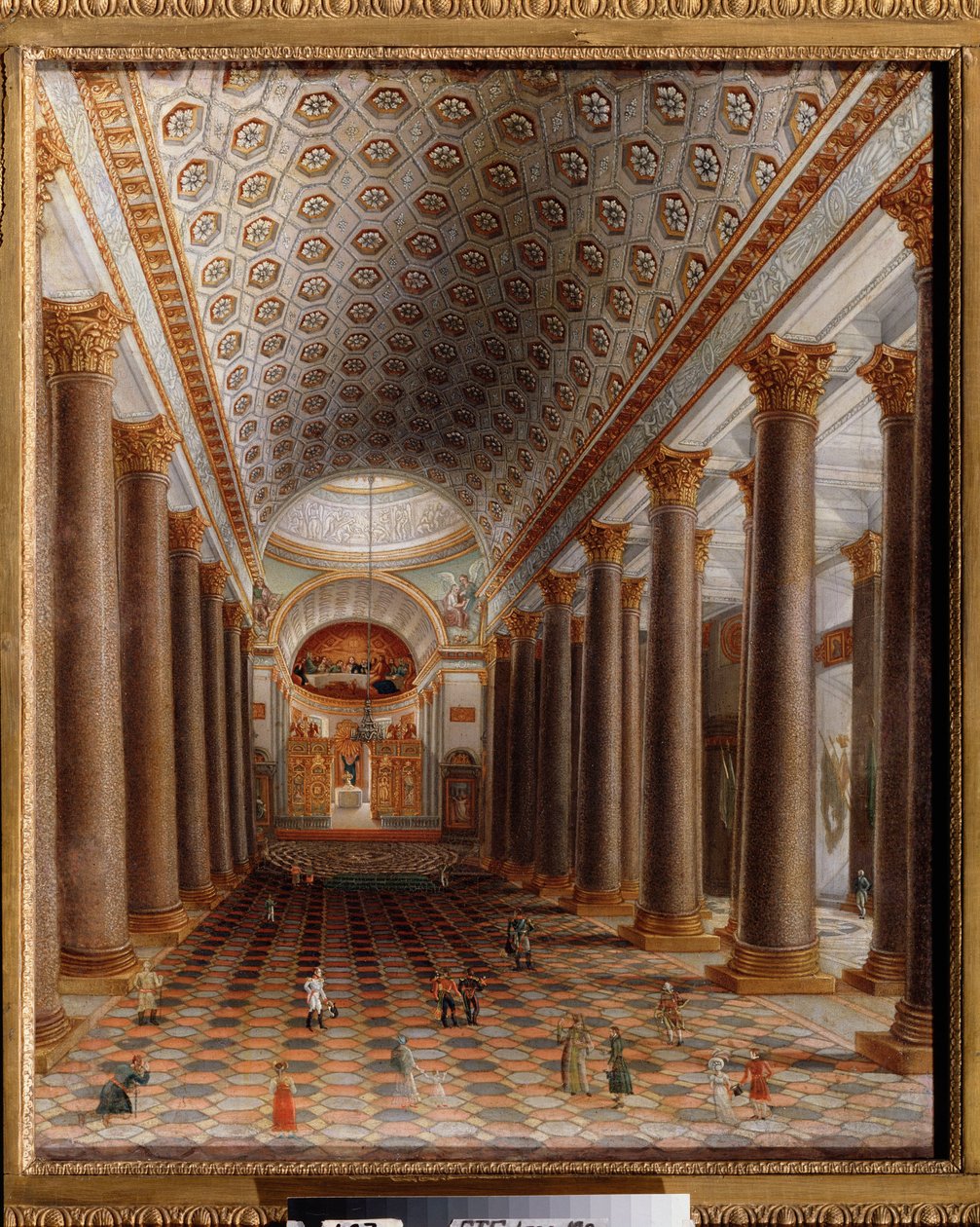 Vista do interior da catedral de Kazan em São Petersburgo. Pintura por um mestre russo, óleo sobre tela, início do século XIX. Arte russa. Galeria Estadual Tretyakov, Moscovo. de School Russian