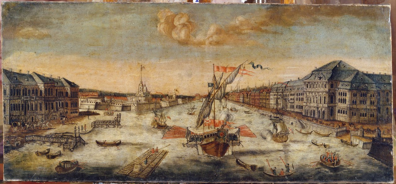 Vista dos cais do Neva (São Petersburgo). Pintura anónima, óleo sobre tela de School Russian