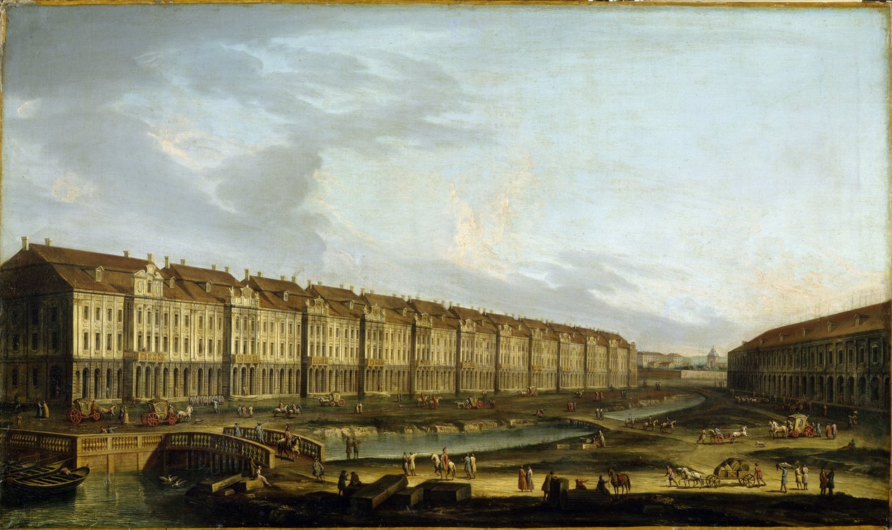 Vista do edifício das doze faculdades em São Petersburgo. (Vista do Edifício Doze Collegia em São Petersburgo). Descrição do pátio dos mercadores do Neva, circulação e transporte de mercadorias e carruagens. Pintura anônima, óleo em você de School Russian