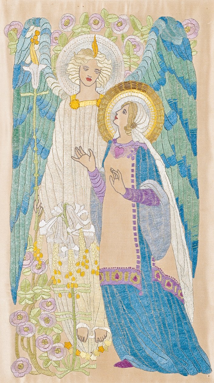 A Anunciação, bordado da escola de Glasgow, c.1910 (seda e fio de ouro) de School Scottish