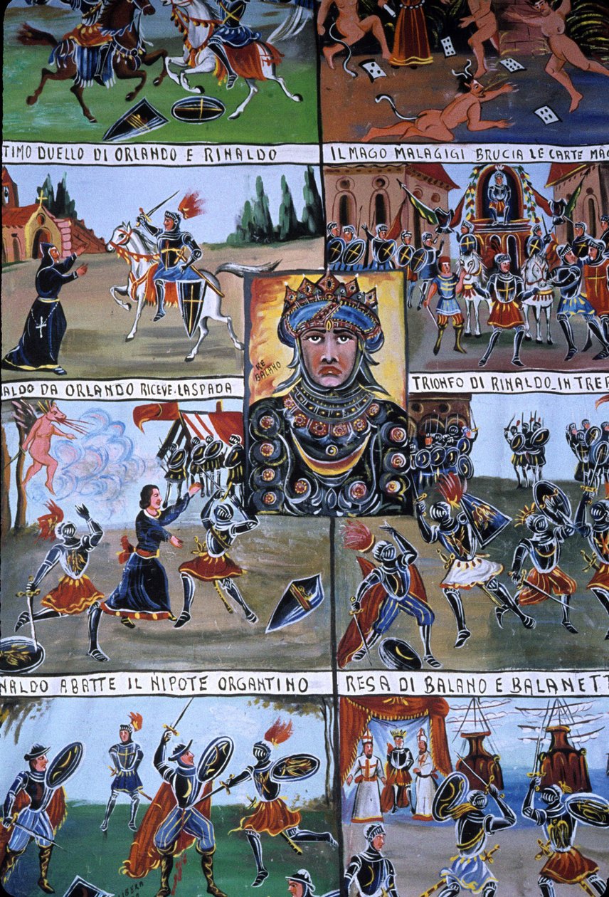 Uma decoração de teatro de marionetes chamada Puppi, pertencente a uma tradição siciliana que remonta aos tempos antigos e que tinha como objectivo contar a história das invasões e das conquistas normandas. Palermo, Sicília, Itália. de School Sicilian
