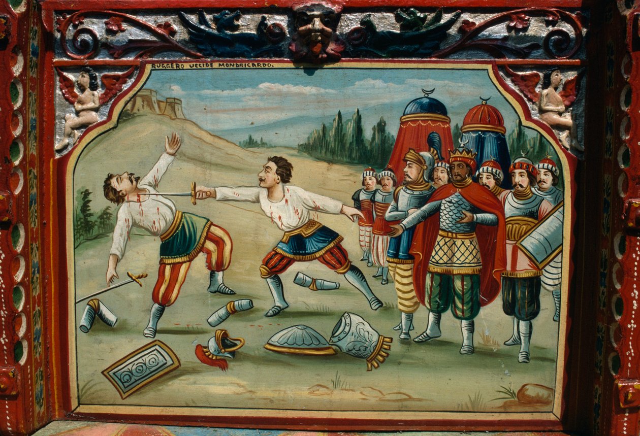 Carro tradicional siciliano pintado, entalhado à mão, Sicília, Itália, Detalhe de School Sicilian