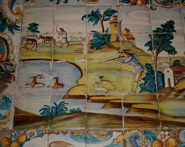 Azulejos com a representação de um caçador atirando em veados (cerâmica) de School Spanish