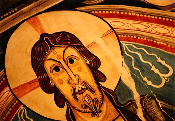 Cristo em Majestade flanqueado por serafins e símbolos dos Evangelistas, cópia do original do século 12 (fresco) (detalhe) de School Spanish
