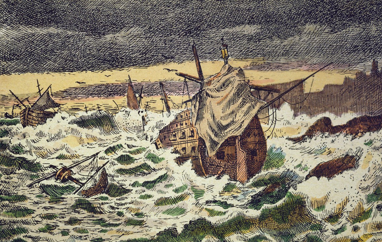 Destruição por tempestades da Invencível Armada Espanhola, enviada pelo Rei Filipe II contra a Inglaterra em 1588 (gravura colorida à mão) de School Spanish
