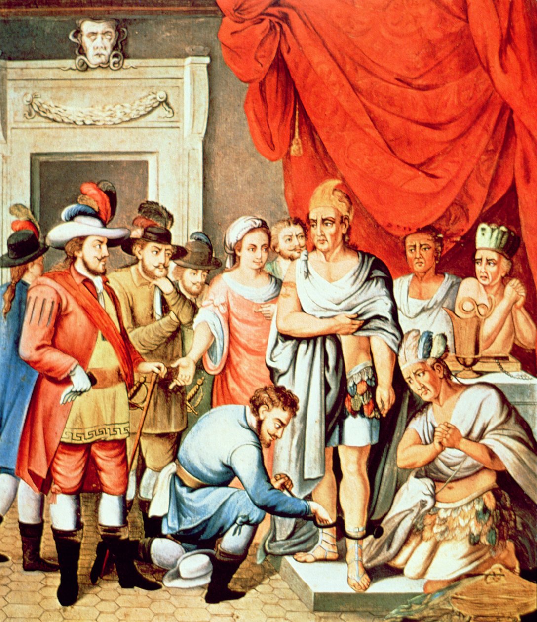 Hernan Cortes ordena a colocação de grilhões nos tornozelos de Montezuma (cor litho) de School Spanish