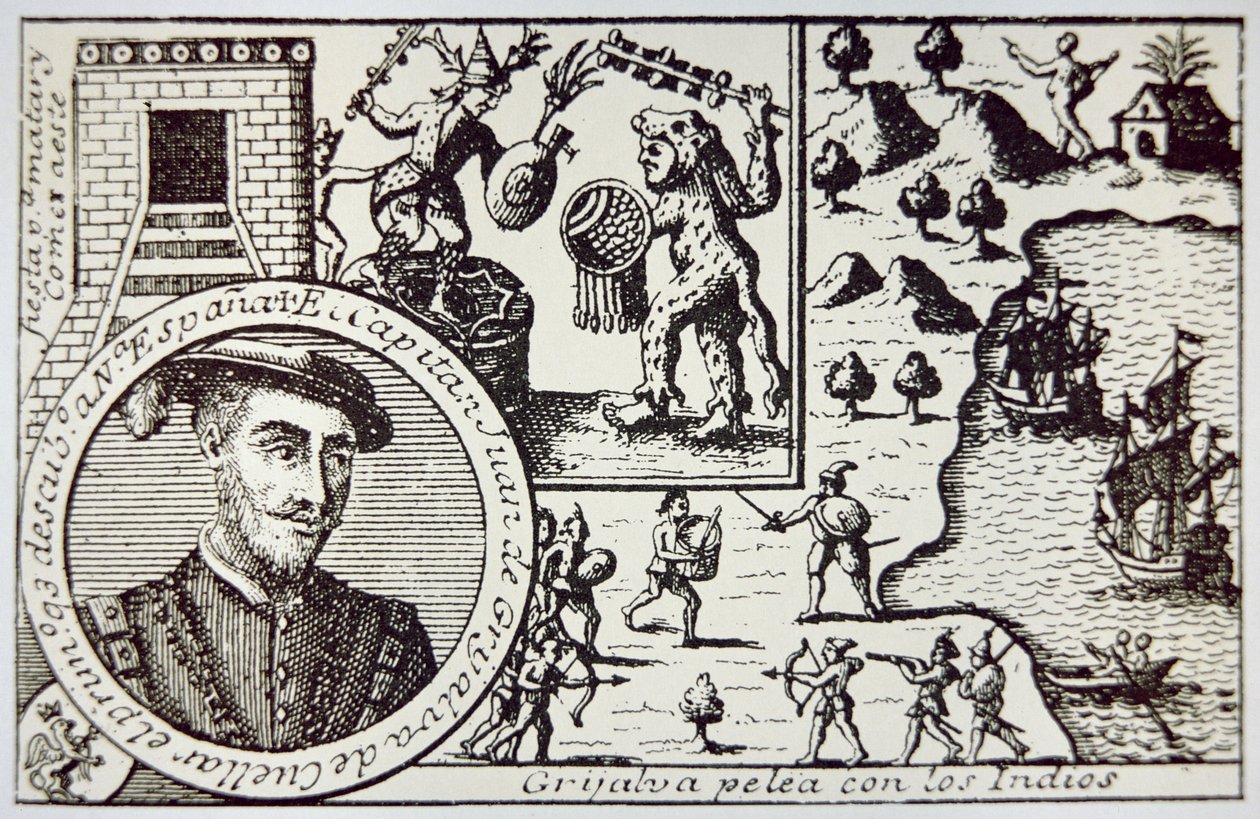 Espanhóis sob o domínio de Juan de Grijalva desembarcam em Yucatan e enfrentam guerreiros maias na Batalha de Champoton, maio de 1518 (litho) de School Spanish