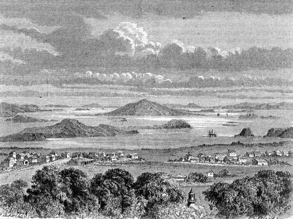 Vista do porto de Auckland, ilustração de "The Return to the World" (O Retorno ao Mundo) de School Spanish