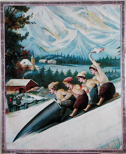 Turistas toboganning, início do século 20 (cor litho) de School Swiss