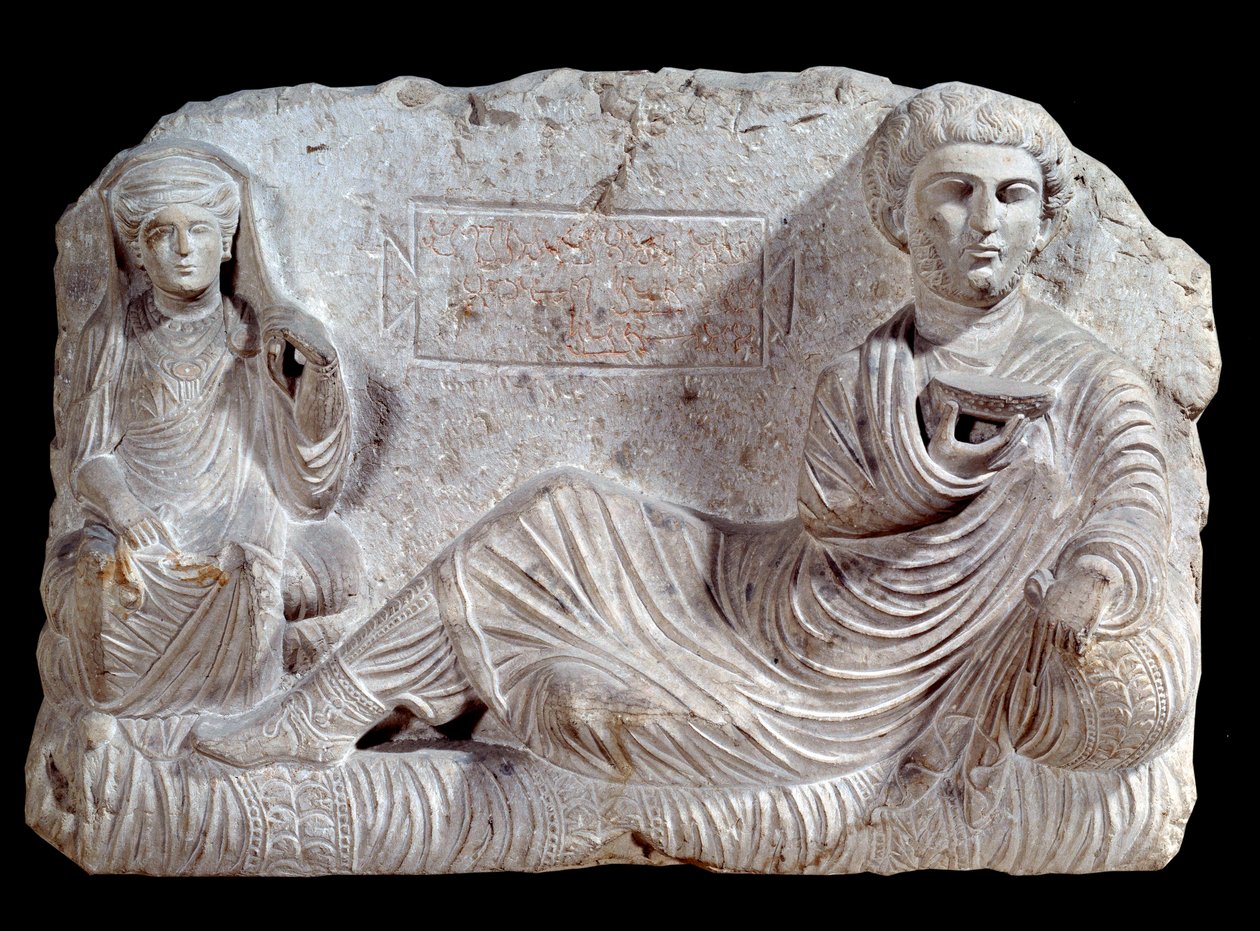 Relevo enterrado em pedra calcária de Taime e sua esposa. de Palmyra. 200 DC. Paris, Museu do Louvre de School Syrian