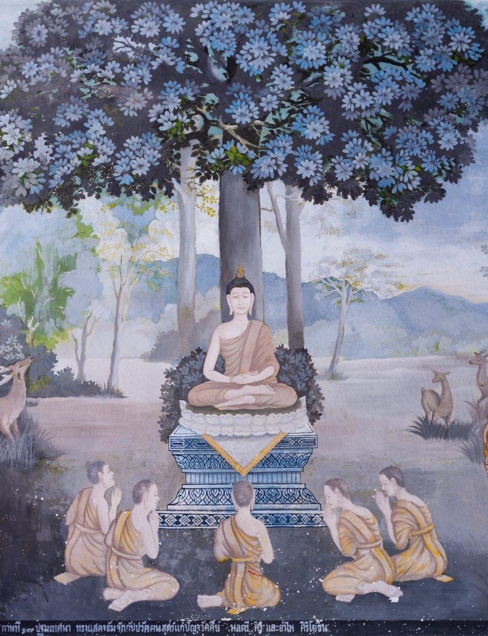 Fresco representando uma cena da vida de Buda, templo Wat Phra That Doi Suthep (fresco) de School Thai