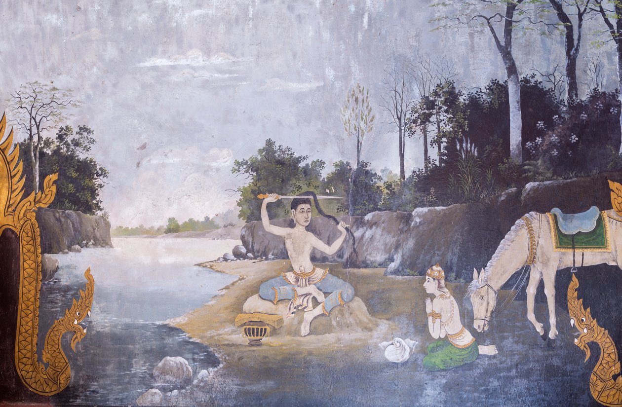Fresco representando uma cena da vida de Buda, templo Wat Phra That Doi Suthep (fresco) de School Thai