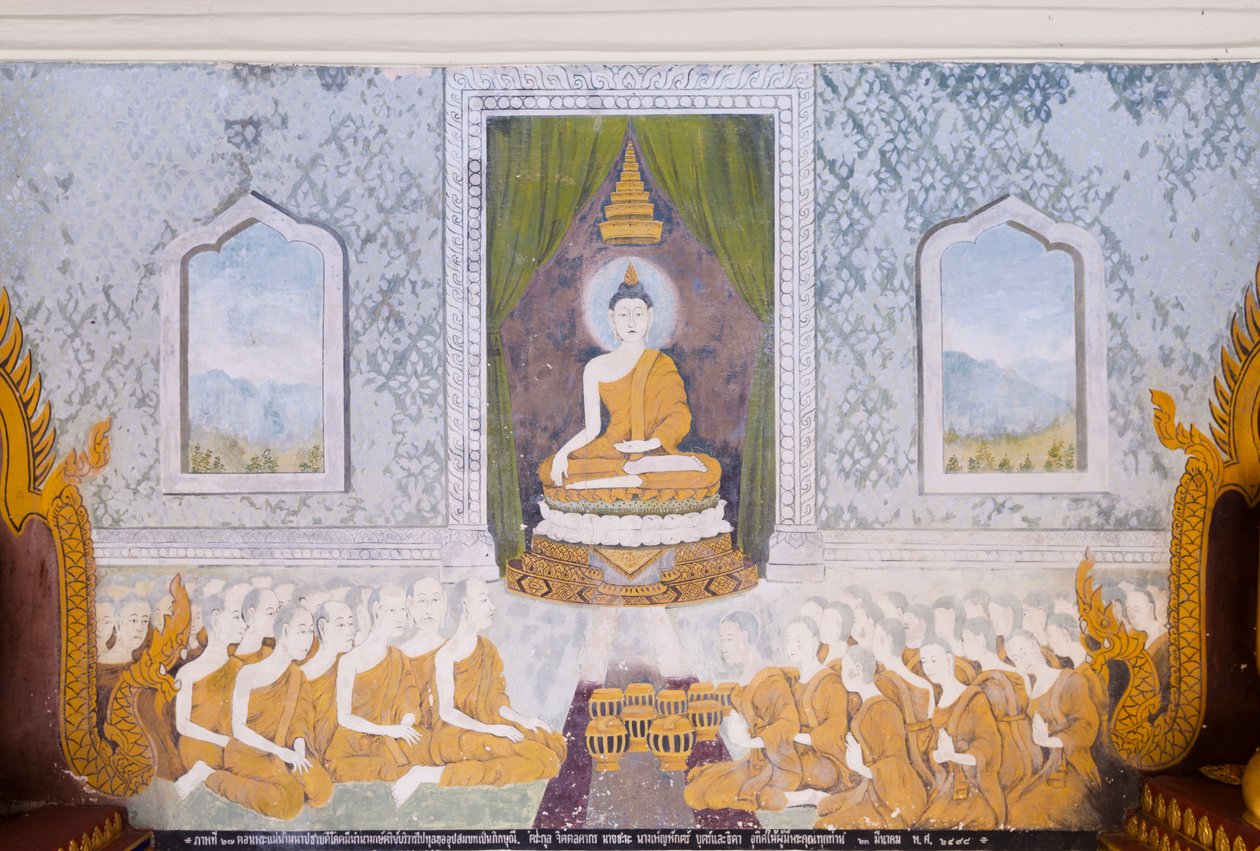 Fresco representando uma cena da vida de Buda, templo Wat Phra That Doi Suthep (fresco) de School Thai