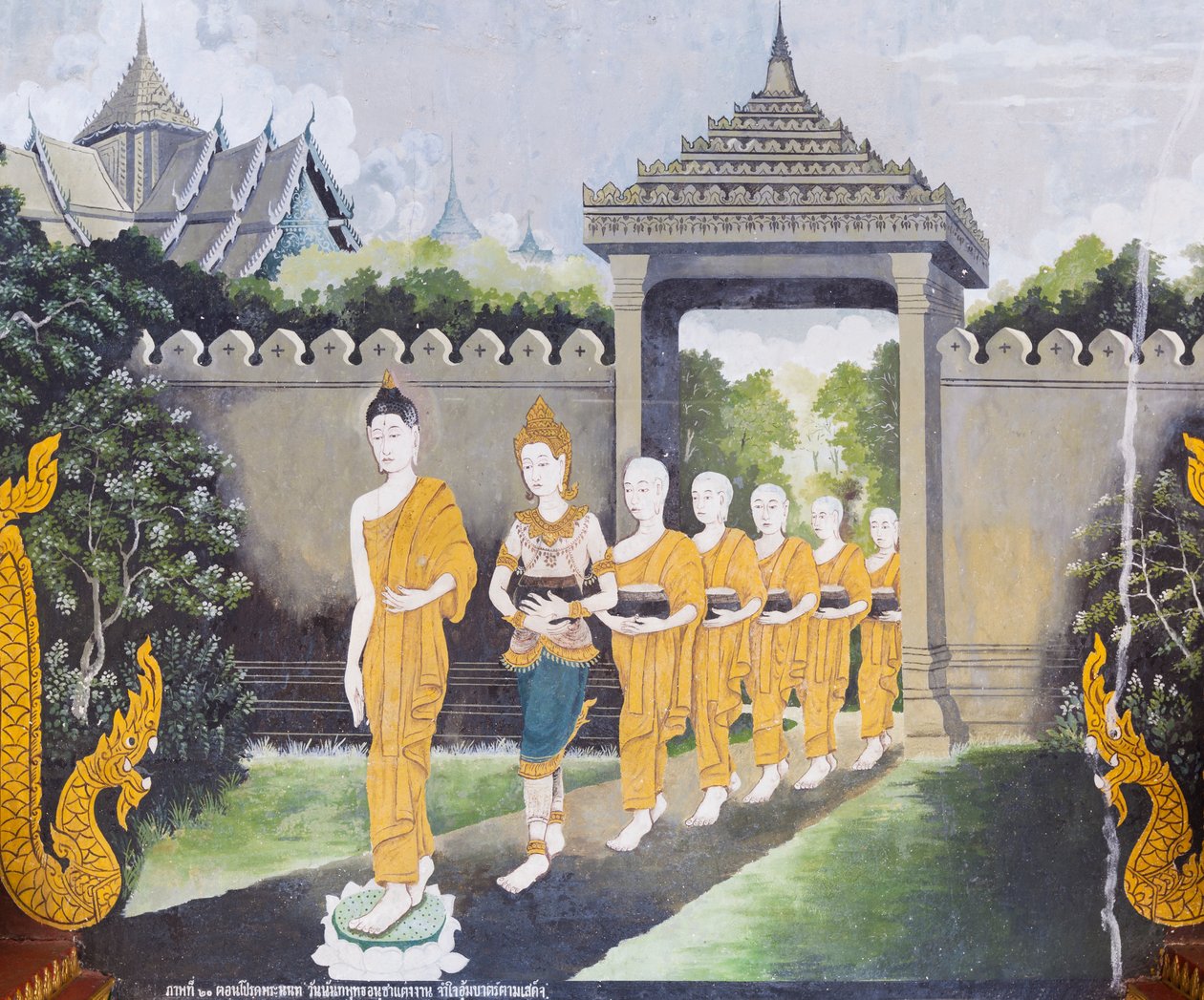 Fresco representando uma cena da vida de Buda, templo Wat Phra That Doi Suthep de School Thai