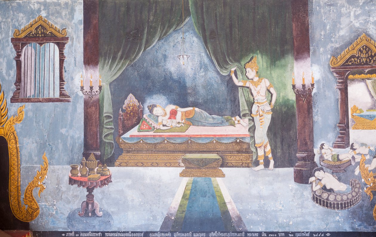 Fresco representando uma cena da vida de Buda, templo Wat Phra That Doi Suthep de School Thai