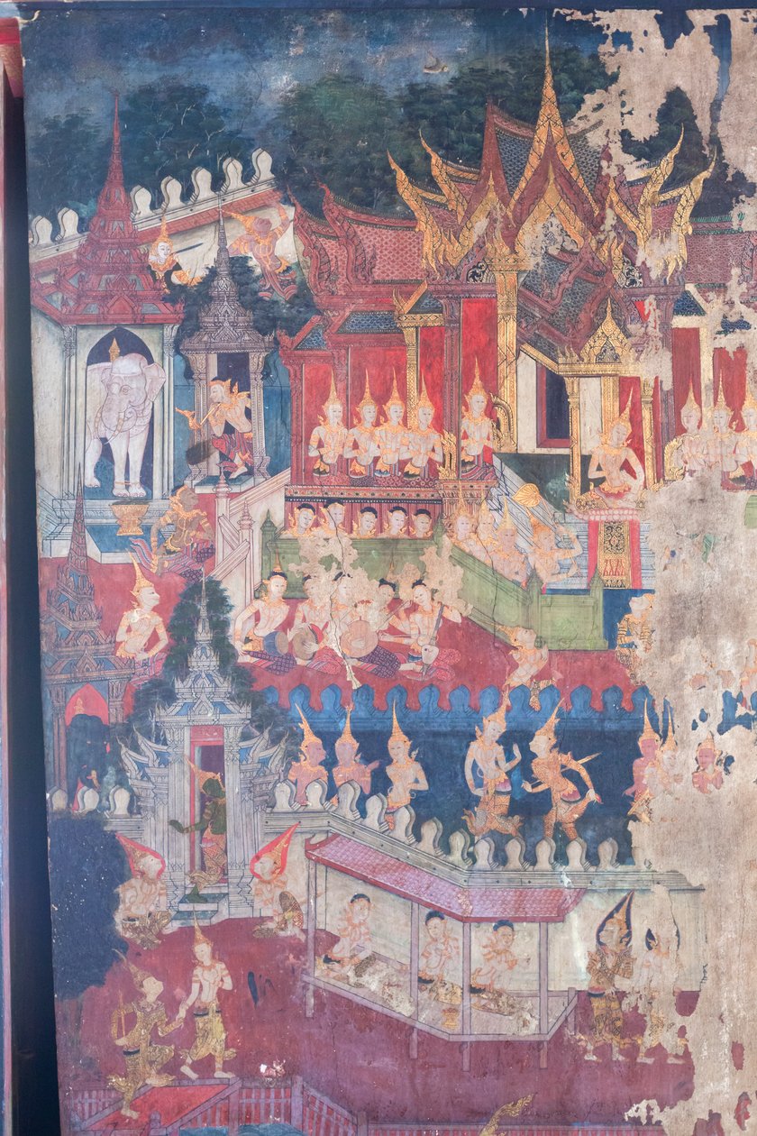 Murais na capela de Buddhaisawan representando o Buda assumindo um traje real para humilhar e convencer o orgulhoso mas iludido imperador Jambupati de que o caminho para a iluminação deve ser preferido a meras riquezas materiais, palácio de Wang Na (pintur de School Thai