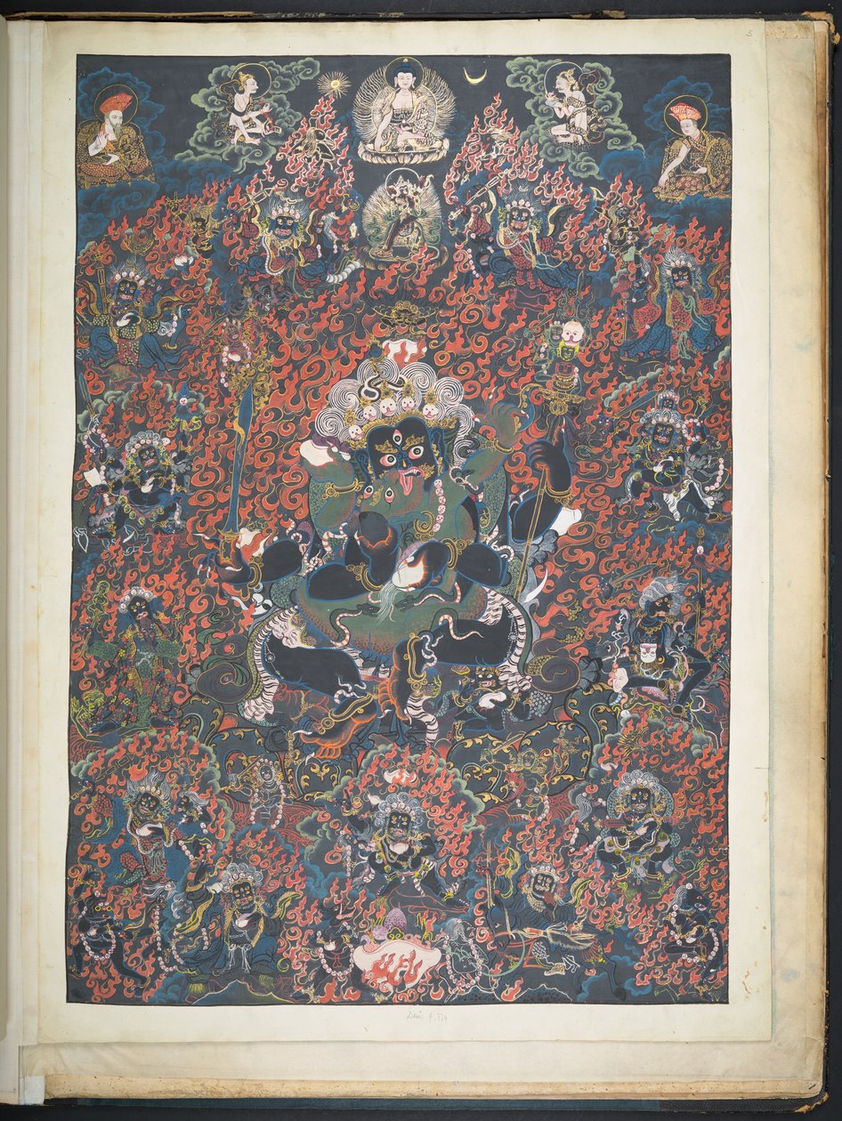 Adicionar. Ou. 3051    Um dos 12 desenhos representando divindades tibetanas por um artista tibetano, provavelmente em Lhasa, c.1800    (guache sobre papel) de School Tibetan