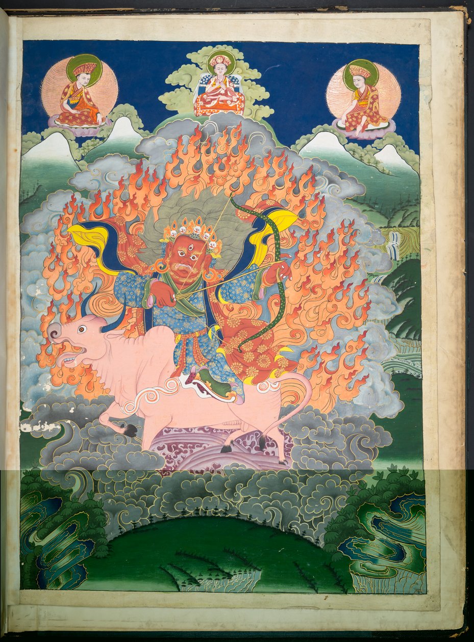 Adicionar. Ou. 3054    Um dos 12 desenhos representando divindades tibetanas por um artista tibetano, provavelmente em Lhasa, c.1800    (guache sobre papel) de School Tibetan