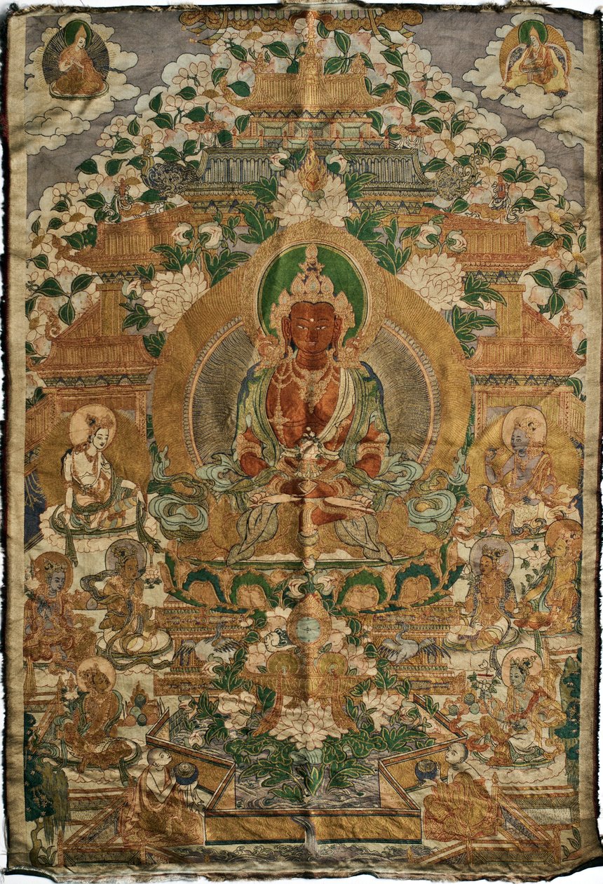 Amitabha (buda da terra pura) - pintura tibetana, pigmentos e ouro sobre tecido, final do século XIX, 74x51 cm - (Amitayus Buddha Thangka, cultura tibetana, pigmentos e ouro sobre tecido, final do séc. de School Tibetan