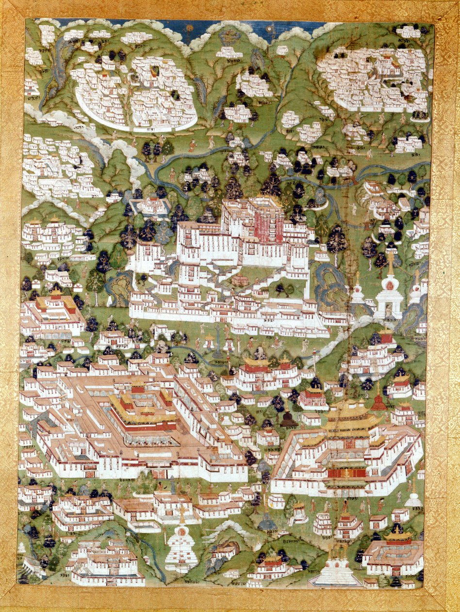 Representação da cidade de Lhasa, Tibetan Thai-Ka, Museu Guimet, Paris de School Tibetan
