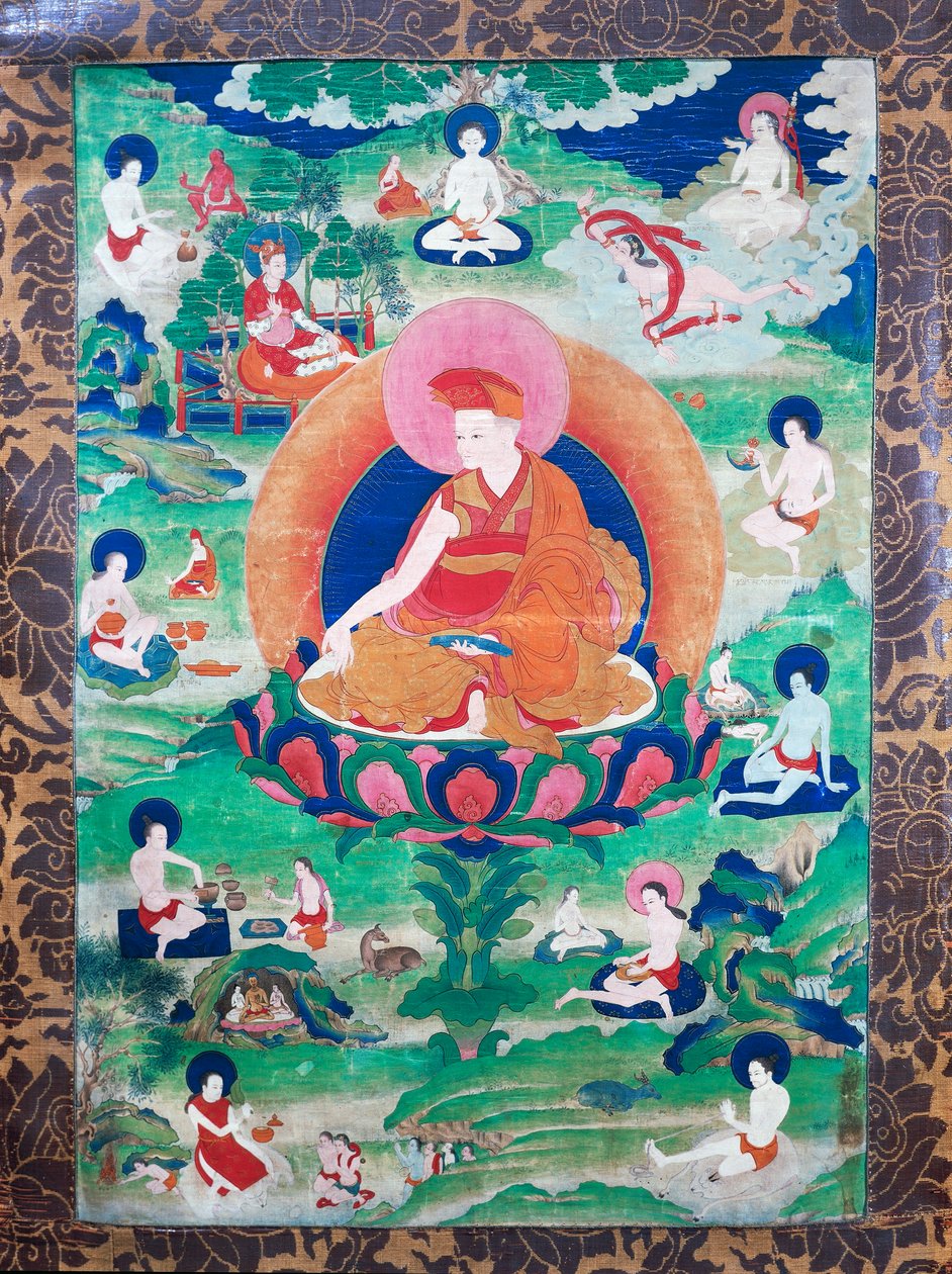 O Lama Rje- agarra Rtod Iha-pa-pa- dbang Agarra com auréola e rodeado por numerosos mahasiddha (iogues), viveu na Índia e no Tibete (século 7-11), Gouache em lona de School Tibetan